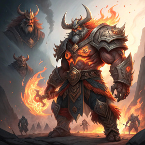 Concept art featuring Ornn, the video game character. Shown in various designs: a powerful, muscular form with fiery elements and smaller sketches in dynamic poses.