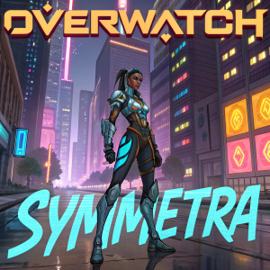 Symmetra, Overwatch character, illustrated in a vibrant digital art style. Futuristic setting, cityscape background, neon lights, 'OVERWATCH' and 'SYMMETRA' logos in bold, stylized text.