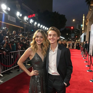 Sterling Jerins and Charlie Kilgore at the Hollywood premiere of 'Divorce'. On red carpet, facing large crowd of photographers and fans.