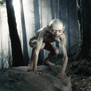 Gollum, with yellowed teeth and gaunt face, lurking in the dark forest.