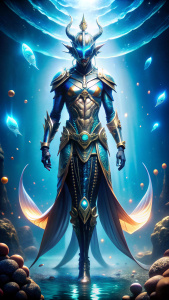 Create a GENIE of the under waters with no legs with dark enhanced background and ring of lights in the background. Very futuristic and with no legs and looks like genie floating. Give this character a cape and dark body armour add some fishes around remove legs and add a mermaid tail. Character cannot have legs