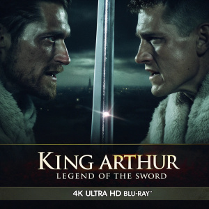 High-resolution cover art for 'King Arthur: Legend of the Sword' on 4K Ultra HD Blu-ray. Intense confrontation between two heroes, centering a prominent sword. Dark, sleek design with the title, format, and features prominently displayed.