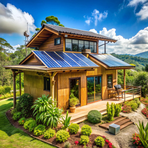 casa tipica eje cafetero, sostenibilidad ambiental, construida en guadua, panel solar, anenometro,  recoleccion aguas lluvias, huertas, techos con jardines, ventanas grandes, guadua