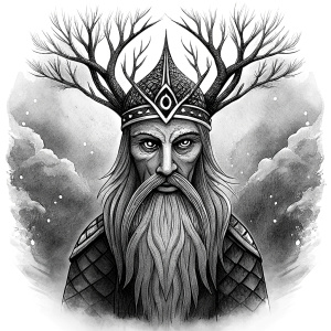 Nordic Mimir - Guard the Source of Tree Yggdrasilr high-definition design grey and black, realistic tattoo design, white background