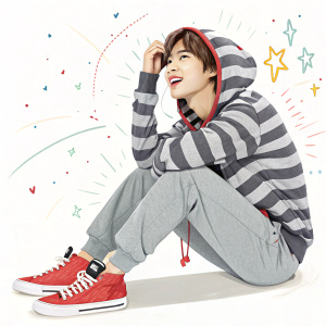 Taemin, South Korean idol, in a casual outfit. Striped hoodie, gray sweatpants, red sneakers. White background with vibrant, animated graphics
