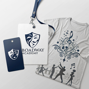 Creative design for Broadway Academy featuring tag, t-shirt, and business card with logo in navy blue and grayscale.