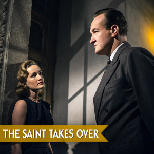Movie poster for 'The Saint Takes Over'. George Sanders in a dark suit and Wendy Barrie in a dark dress. Muted colors with a strong yellow accent. Indoor setting, dramatic lighting