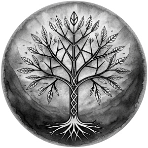 Nordic weapon yggdrasil trees pattern vegvisir symbol –  high-definition design grey and black, realistic tattoo design, white background