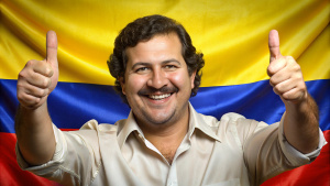 create a scene in which a smiling pablo escobar shows 2 thumbs up, he is in front of the columbia flag in the colors of the first 
yellow, blue, red,