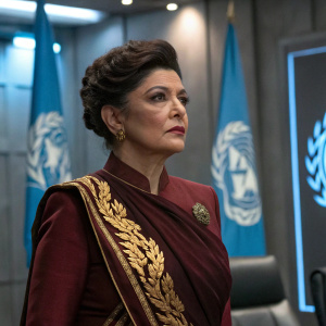 Shohreh Aghdashloo, as Chrisjen Avasarala, in a dramatic scene from 'The Expanse'. The character has a stern look, wearing a maroon and gold sari with intricate designs. The setting is an abstract futuristic office with blue banners and UN-like emblems in the background.