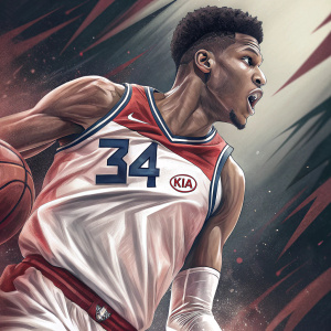 Giannis Antetokounmpo's jersey in action during an intense NBA game. Close-up shot showing the '34' number and Kia logo on the red and blue accented white jersey.