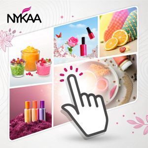 Advertisement for Nykaa. Digital banner featuring hand cursor icon hovering over vibrant product images.