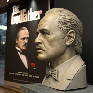 3D sculpture of Marlon Brando's face, detailed mustache and strong jawline. Promotional poster for 'The Godfather' shows Brando in a tuxedo