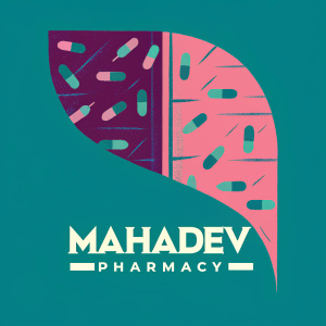 Concept art for Mahadev Pharmacy. Futuristic design with green and blue hues. 'MAHADEV PHARMECY' logo at bottom. Half leaf, half pharmaceutical imagery. Sleek and modern.