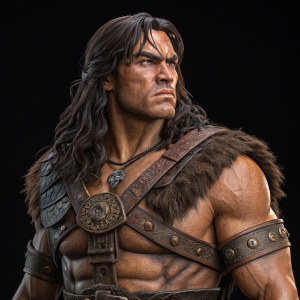 3D model of Conan the Barbarian. He's wearing rugged brown leather armor with intricate buckles. Conan has a fierce expression and muscular build. Set against a sleek black backdrop, highlighting his chiseled features and long dark hair.
