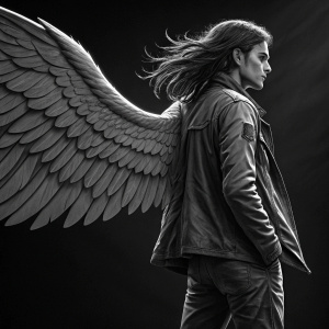 Eren Yeager from Attack on Titan, with powerful stance and long hair. Black and white photo with expansive wings visible on the side. Empty, dark background.