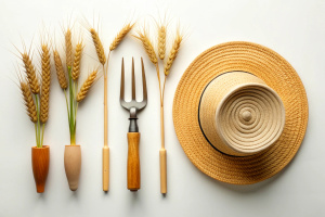 Flat lay composition with farmer instruments on white background