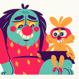Illustration of Ren and Stimpy. Ren, large and broad-shouldered, with a blue nose. Stimpy, smaller and slender, with wide eyes. Both in a playful, whimsical style with exaggerated features, set against a plain white background, vibrant with a mix of cartoonish colors.