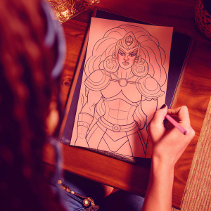 Coloring page of Urbosa, a formidable warrior from *Breath of the Wild*. She sports a muscular build, long wavy hair, and intricate facial features. Her outfit, adorned with armor-like elements, is a blend of strength and elegance.