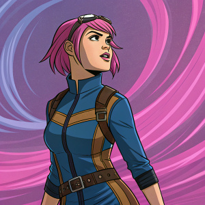 Digital art of Roxy Spaulding from Gen 13. Youthful female with a determined look, dressed in a fitted blue and brown outfit. Vibrant pink hair stands out against a background of swirling pink and purple. Comic book style illustration.