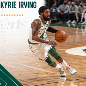 Kyrie Irving's official bio page. Photo showing him intensely dribbling the ball during a game. Accompanied by stats and accolades. Quote on competitiveness