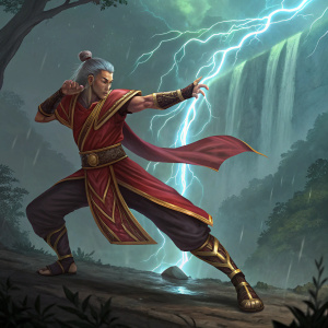 Liu Kang, a powerful warrior with grey hair styled in a topknot, clad in flowing red and gold robes. He performs a swift martial arts move against a backdrop of a glowing, mystical forest, with streaks of lightning and waterfalls.