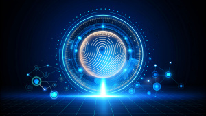 Digital fingerprint scanner, scan biometric identity and access password thru fingerprint, concept of cybersecurity and data protection, security system, generative ai