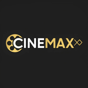 A sleek, modern logo for Cinemax featuring a bold, minimalist font with a single, golden cinema reel icon