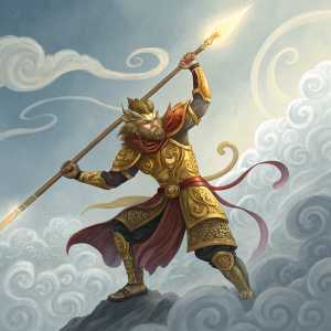 Digital artwork featuring Sun Wukong, the Monkey King. He wields a luminous staff. Floating amidst swirling clouds