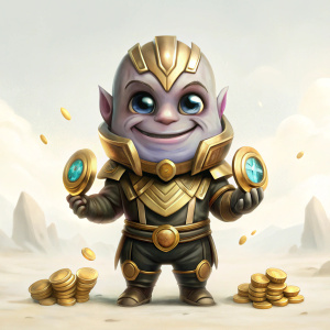 Thanos marvel cartoon character with big eyes cute smiling Thanos holding gold coins
