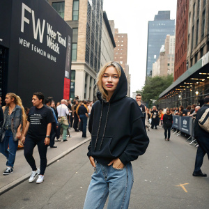 Sarah Snyder at New York Fashion Week. She sports a casual outfit, a black hoodie paired with jeans. Background: crowded street