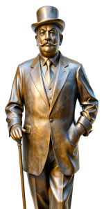 A bronze statue of Hercule Poirot as played by David Suchet, a bowler hat on his head, fine mustache, hands in gloves, with a walking cane