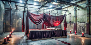 sotano industrial abandonado con una cama en el centro con sabanas rojo sangre rodeada de cortinas y velos negros y velas, cuerdas y bamboo colgando con cuerdas y una mujer amarrada, sadomasoquismo