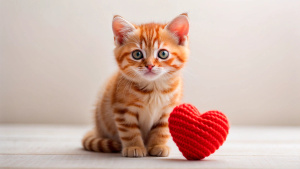 Small red striped kitten with red heart. Love pets, adoption, donation, Valentines Day card