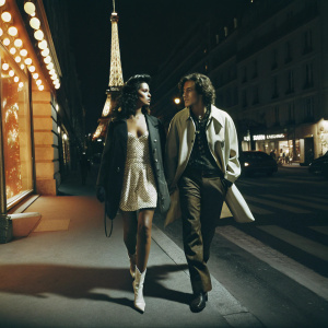 Rihanna and Harry Styles walking on the vibrant, bustling streets of Paris, adorned with festive lights and street vendors.
