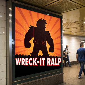 Promotional poster for Wreck-It Ralph. Large orange and black silhouette of the main character, vibrant and eye-catching. Bold text reads 'Wreck-It Ralph'