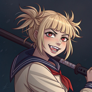 Digital art featuring Himiko Toga, the protagonist from a famous manga series. She is young, with a mix of playful and fierce expressions. Her short, spiky, and tousled hair contrasts her pale skin and bold makeup. She holds a weapon, set against a dark background to highlight her.