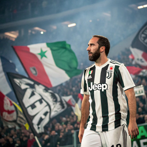 Gonzalo Higuain, dressed in a Juventus FC jersey with a white and black striped pattern. Intense gaze, surrounded by cheering fans. Colours: White, black, green, and red. Stadium atmosphere