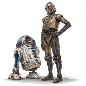 Illustration of a droid from Star Wars. Upright pose, calm demeanor. Sleek and angular body, metallic textures, detailed mechanical style, skeletal appearance