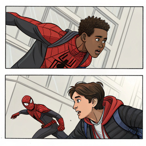 Storyboard illustrations of Miles Morales and Peter Parker. Depicting dynamic action scenes with expressions and poses. Focus on character interactions.