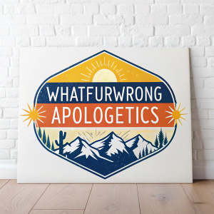Logo for 'WhatIfURWrong Apologetics', aiding individuals in discovering truth. Features vibrant hues of blue, yellow, and orange. Stylishly simple, reminiscent of hand-drawn art. Displayed on a crisp white backdrop.