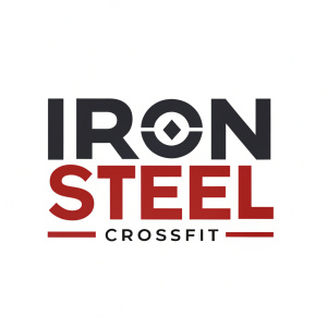 Modern logo design for Iron Steel CrossFit. The text 'Iron Steel' in bold, geometric letters with black and red colors. Below it, 'CrossFit' in smaller text.