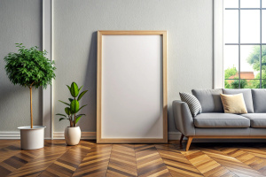 Single vertical ISO A1 frame mockup, mockup poster on the floor of living room. Interior mockup. Apartment background. Modern interior design. 3D render