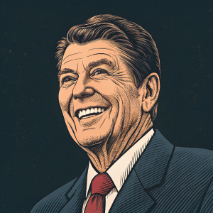 Former US President Ronald Reagan, illustrated with a detailed face. Smiling warmly. Dark background, vintage feel.