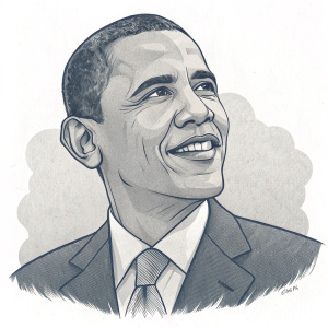 Barack Obama caricature. Simple grayscale line art, exaggerated facial features, sketch-like quality.
