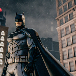 High-definition 3D render of Batman from Gotham Knights game. Dark, gritty cityscape in background.