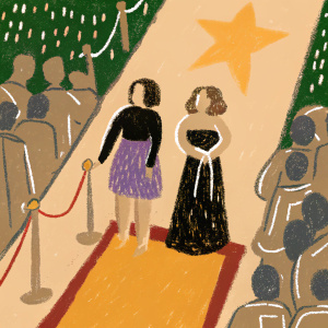 Gretchen Enders and Aminta Goyel on the Hollywood Walk of Fame. Both dressed in formal attire, Gretchen in a black top and purple skirt, Aminta in an elegant black off-the-shoulder dress. Crowded with fans and paparazzi.