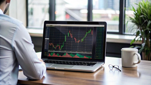 Monitor trading stock saham di laptop dengan latar belakang suasana kantor dan ada orang sedang melihat keluar ruangan 