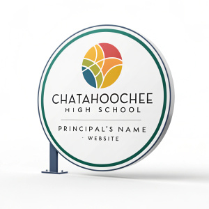 Modern logo design for Chatahoochee High School. Colorful circular emblem showcasing school name, address, principal's name, and website in a sleek, minimalist style.