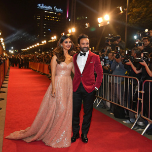 Saif Ali Khan and Ileana D'Cruz on a vibrant red carpet. Surrounded by flashing cameras and fans.